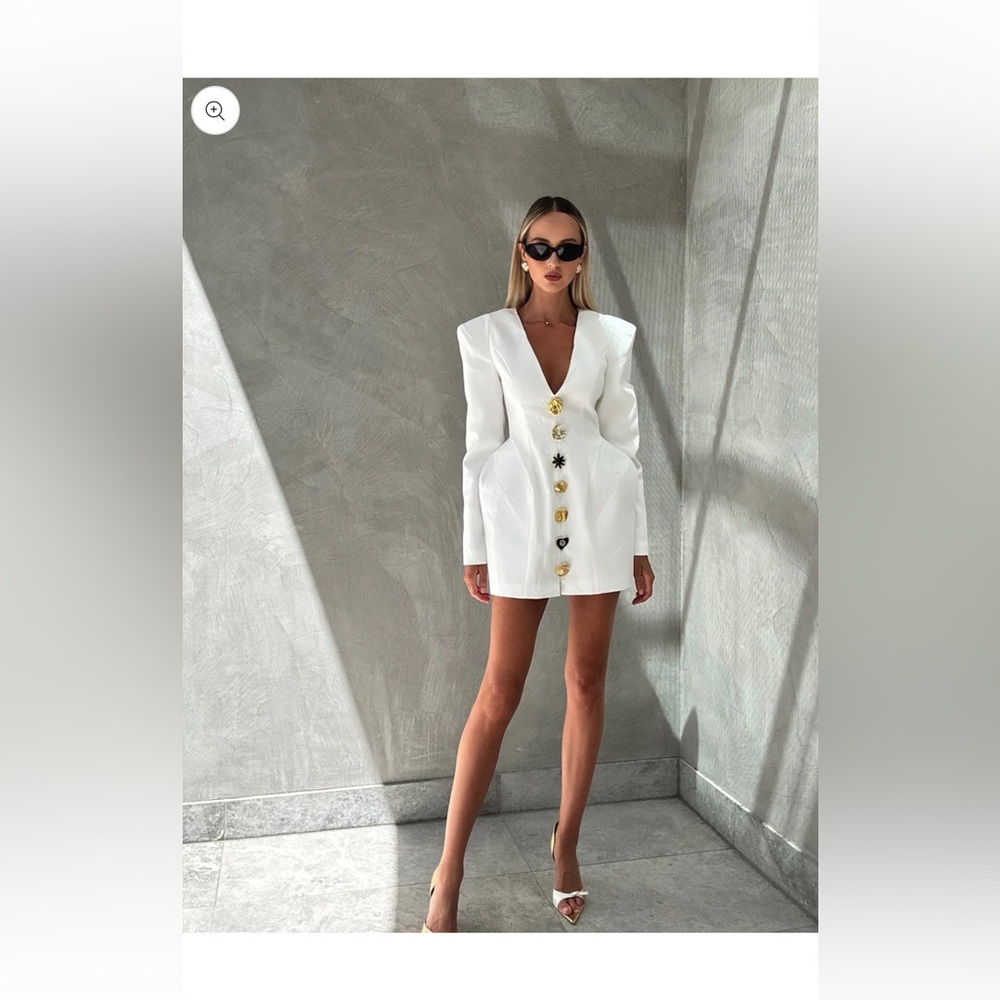 Atoir White Structured Mini Dress with Gold Buttons